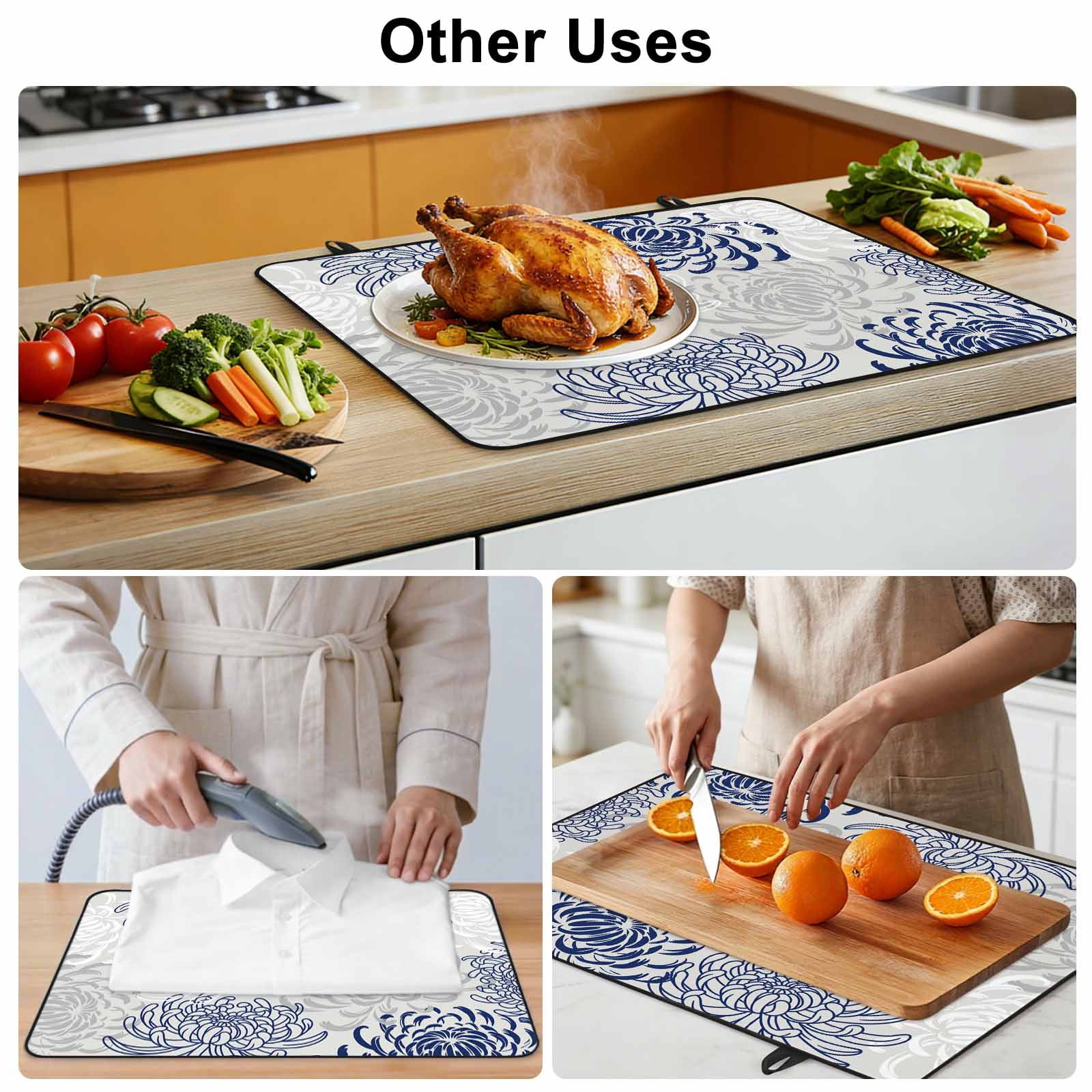 Blue White Stove Top Cover for Electric Stove, Heat-proof & Non Slip Glass Top Stove Cover Protector, Abstract Grey Chrysanthemum Flower Floral Kitchen Flat Cooktop Rubber Mat 36x21 Inches