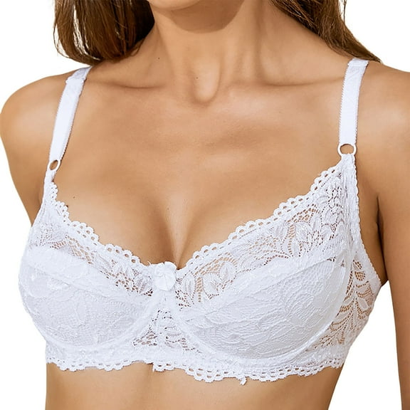 KHONTS,Women's Plus Size Full Coverage Bras Lace Underwire Bra Thin Pad Push up Supportive Bralettes White 80B