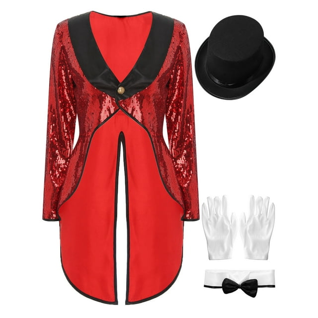 inlzdz Womens Circus Ringleader Costume Swallow-tailed Coat Jacket Outfits Magician Cosplay Costume Red XL