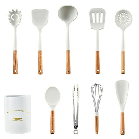 

Cooking Utensils Sets White Silicone Kitchenware Set With Wooden Handle Simple Non Scraping Pot Kitchen Tool Set