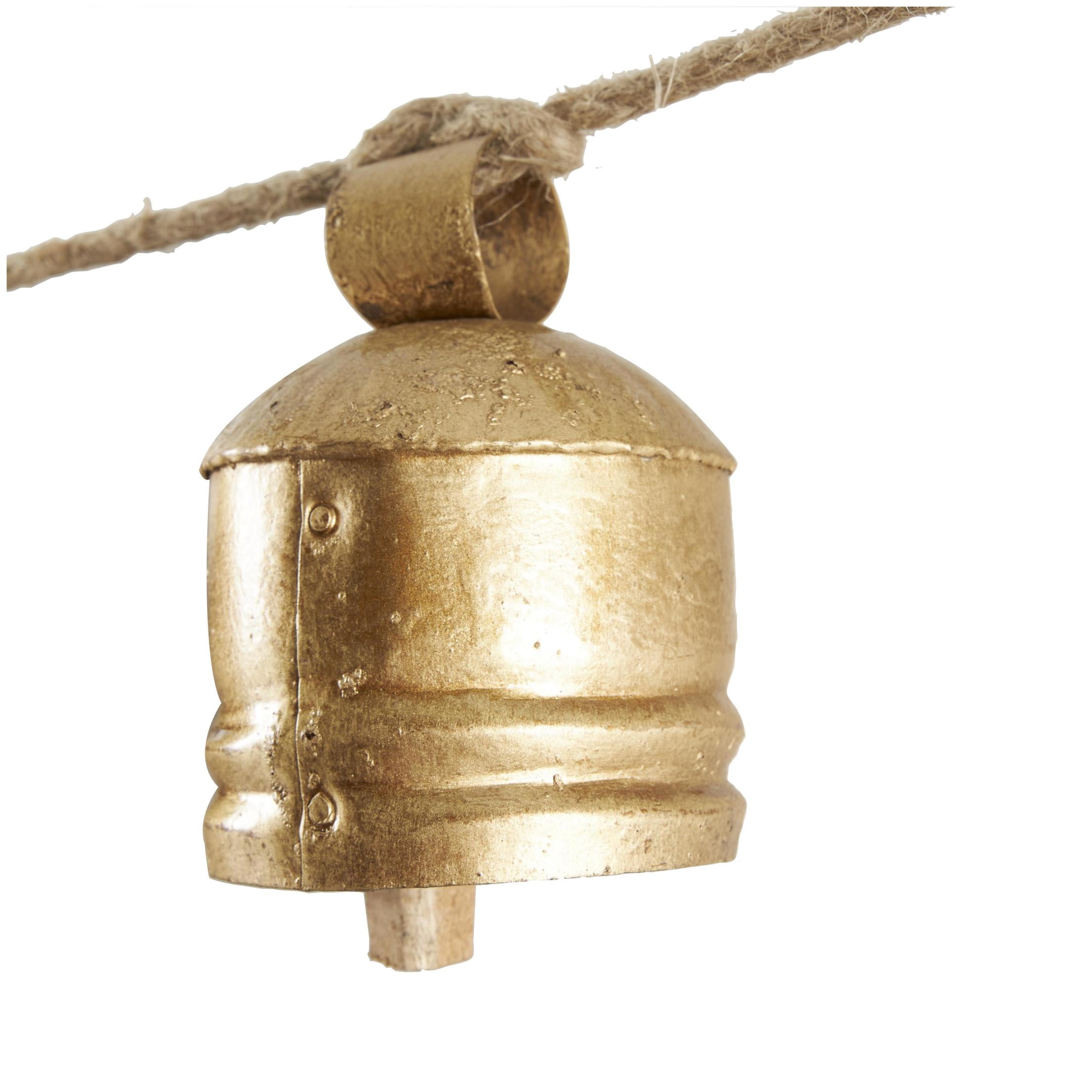 DecMode Tibetan Inspired Gold Metal Cylindrical Decorative Cow Bells with 7 Bells on Jute Hanging Rope