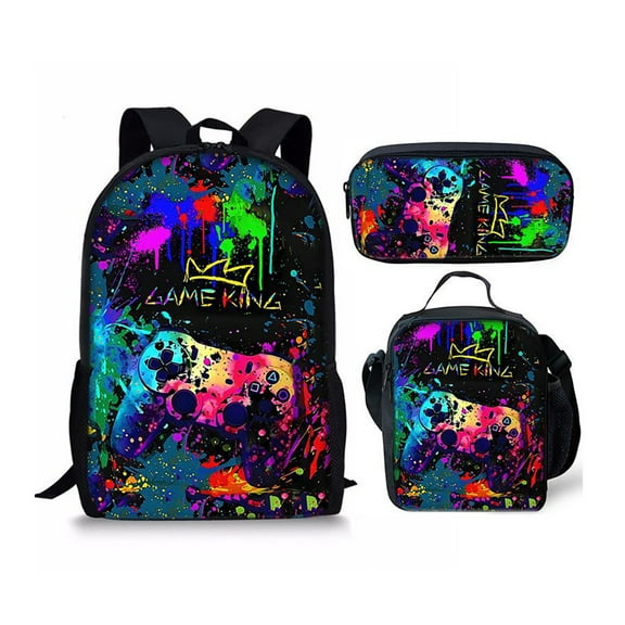 3pcs Game Backpack Set - 17in Cool Large Capacity Travel Backpack with Lunch Box