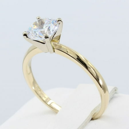 - 1.00 Ct 14K Real Yellow Gold Round Cut Classic 4 Prong Cathedral Setting Solitaire Engagement Wedding Bridal Propose Promise Ring