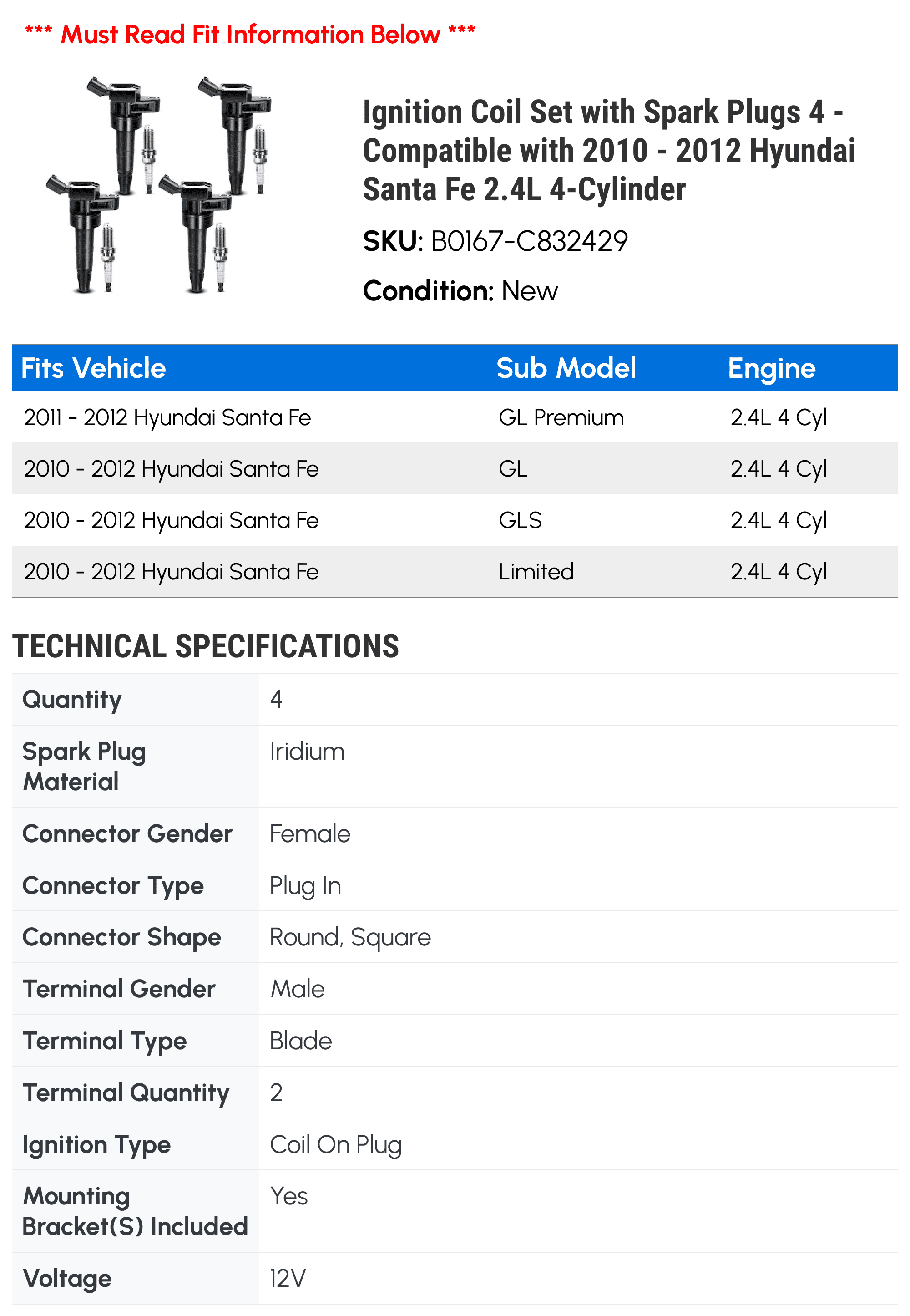 Ignition Coil Set with Spark Plugs 4 - Compatible with 2010 - 2012 Hyundai Santa Fe 2.4L 4-Cylinder - Autopart Premium