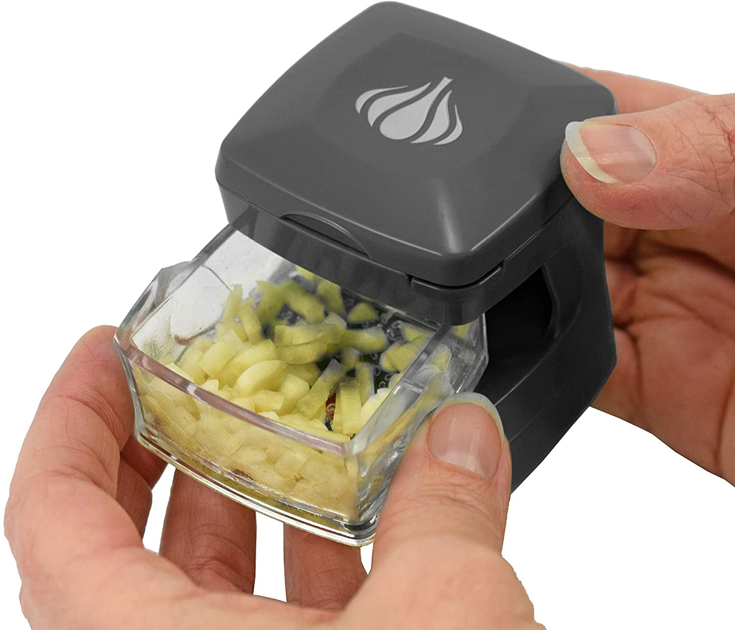 Garlic-A-Peel Garlic Press, Crusher, Cutter, Mincer, and Storage Container - Includes Silicone Peeler Easy to Clean Stainless Steel Blades – (Grey), standard