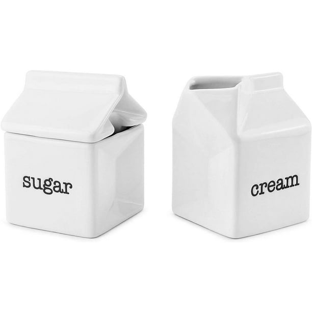 Darware Sugar and Creamer Set, Milk Carton Shaped White Ceramic Cream