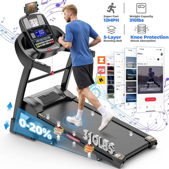 4.8HP Walking Running Treadmill with Automatic Incline, Treadmill with 64 3  Preset Programs, 300lb Capacity, 20-Lvel Auto Incline Running Treadmill for Home Gym