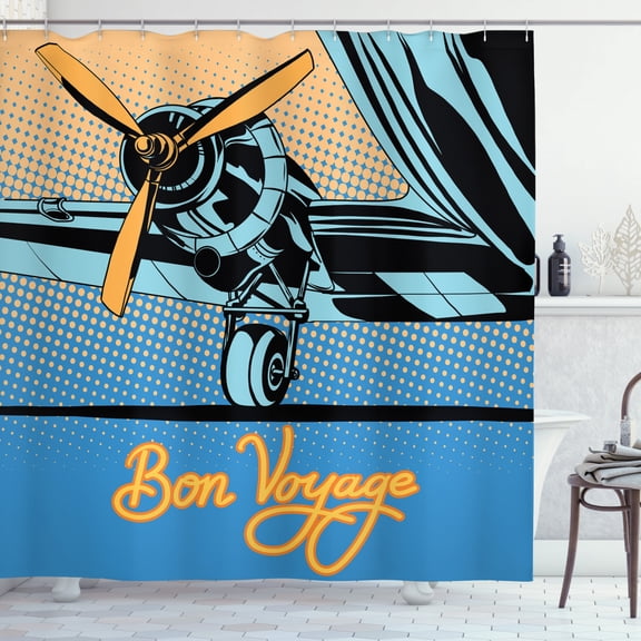 Ambesonne Airport Shower Curtain, Retro Plane with Propeller, 69"Wx70"L, Multicolor