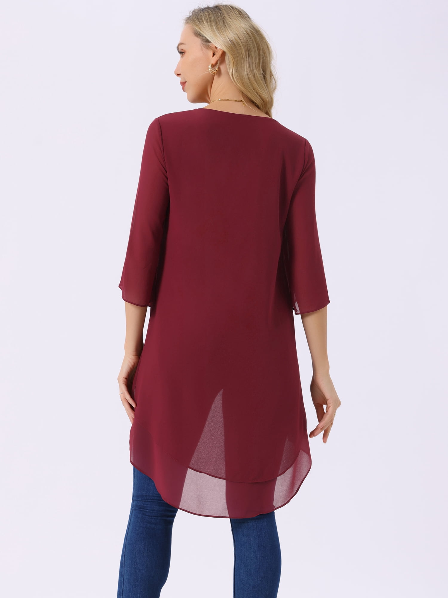 DARING DIVA Women's 3/4 Sleeve High Low Hem Scoop Neck Chiffon Blouses S Wine Red