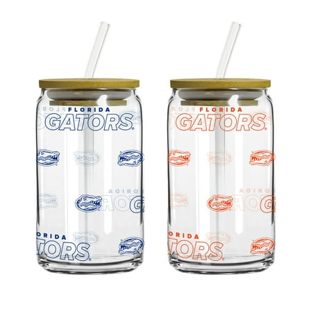 Logo Brands Florida Gators 16oz. Step And Repeat Glass Can with Lid & Straw 2-Pack