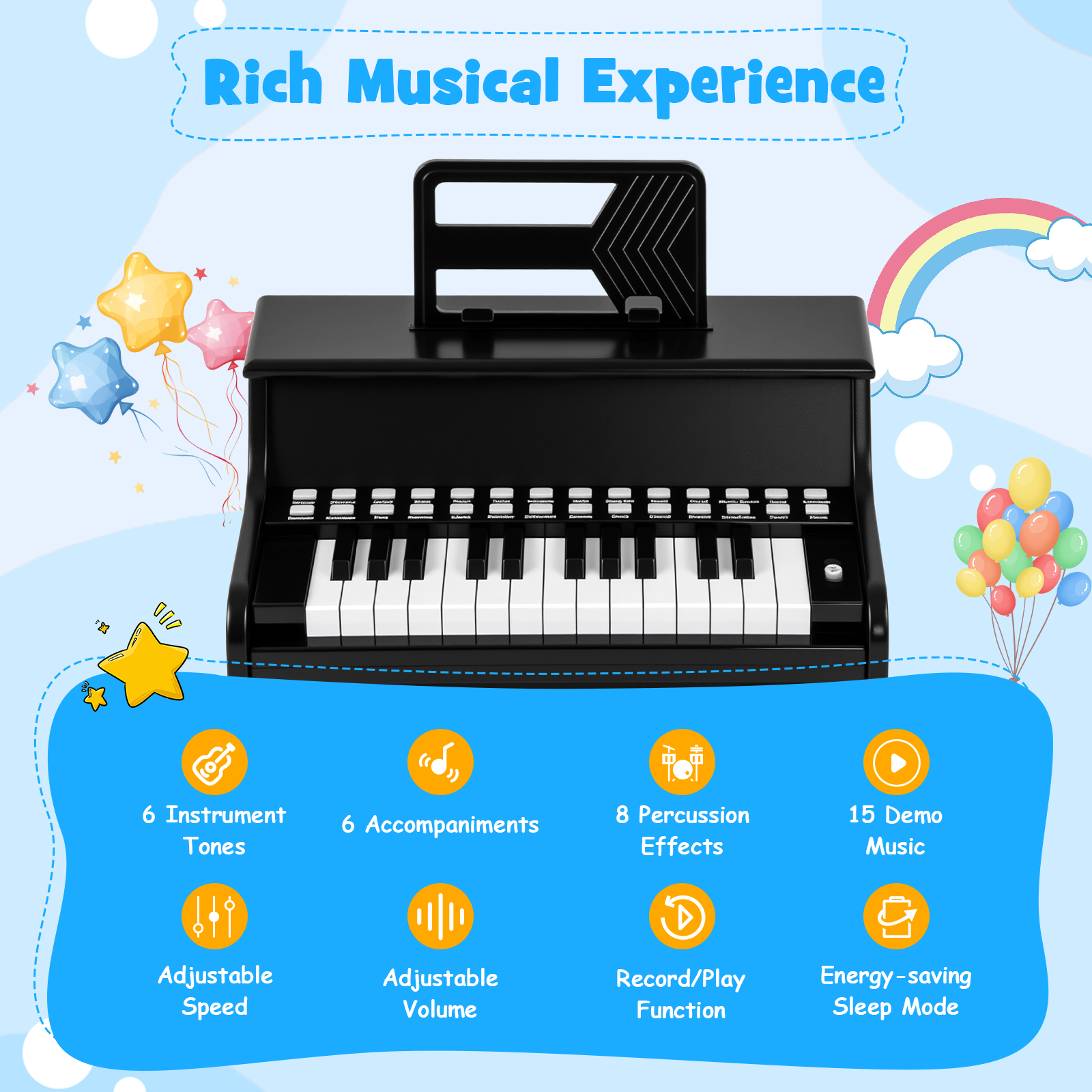 Gymax 25 Keys Digital Piano w/Music Stand Teaching Mode Lighted Keys 6 Instruments Black