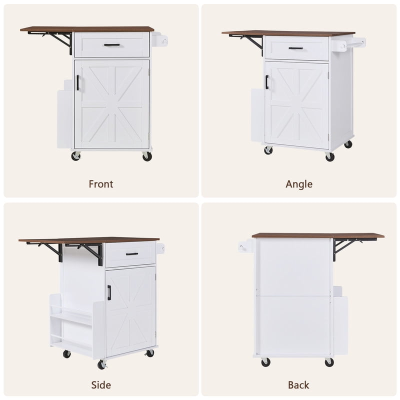 Farmhouse Small Kitchen Rolling Cart with Drop Leaf, Kitchen Island Storage Cabinet with Racks, Hooks, Drawer & Lockable Wheel