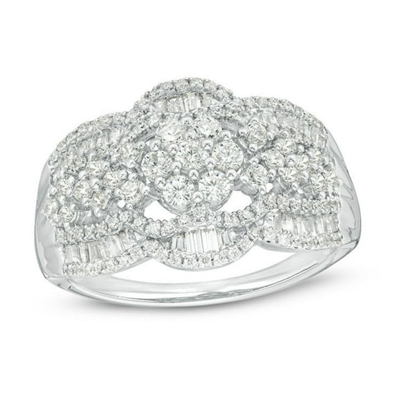 JewelMore 1.00CT. T.W. Halo Diamond Multi-Flower Anniversary Band Ring in 10K White Gold G-H-I/I1-I2