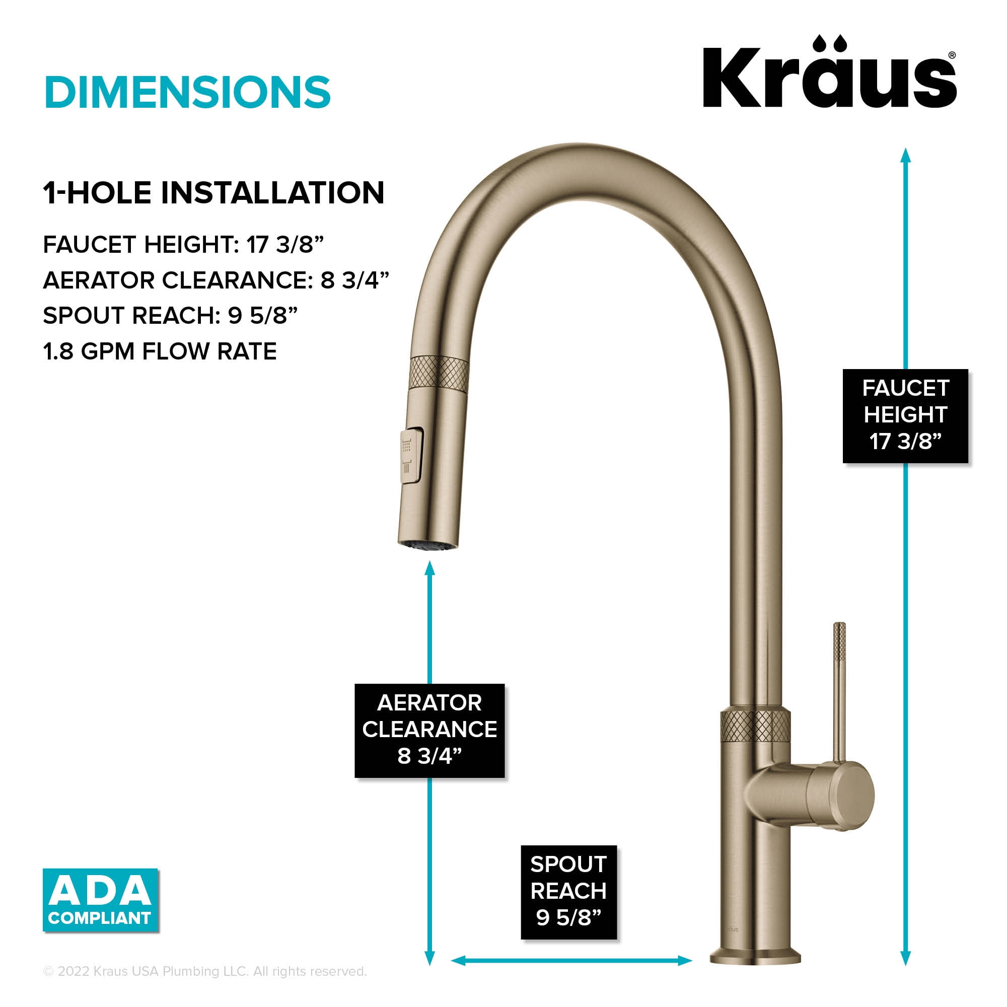 KRAUS Oletto Modern Industrial Pull-Down Single Handle Kitchen Faucet in Brushed Gold