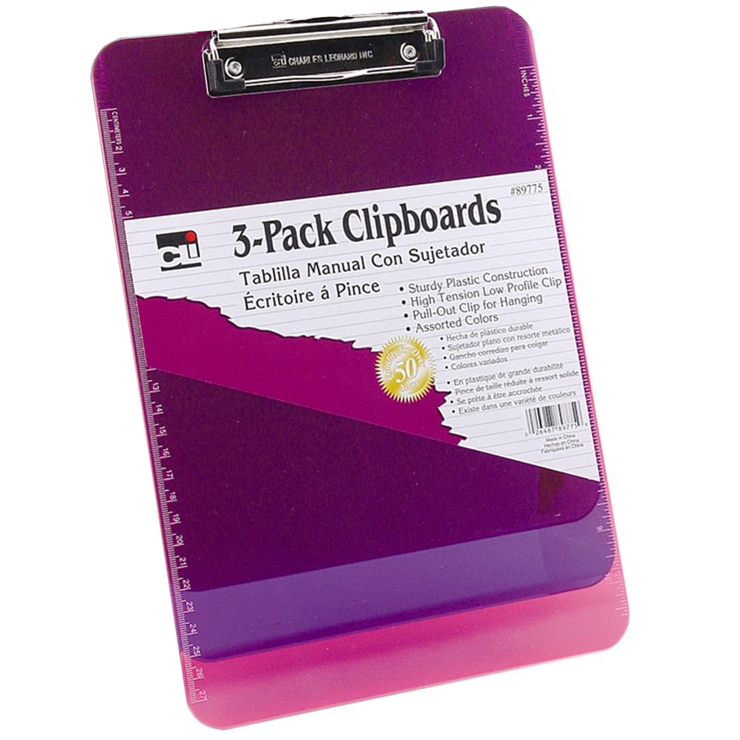 Charles Leonard Plastic Clipboard w/Low Profile Clip, Letter, Assorted Translucent Neon Colors, Pack of 3