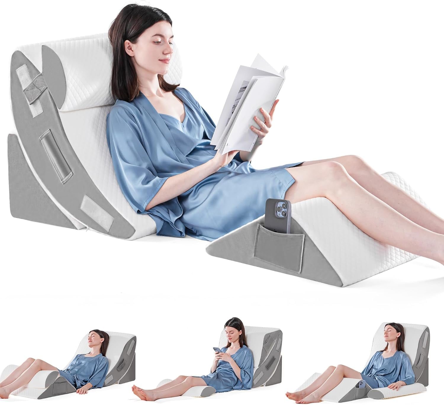 4-Piece Orthopedic Bed Wedge Pillow Set for Sleeping, Post-Surgery Foam Support for Body, Back and Leg Pain Relief, Adjustable Triangle Pillow for Acid Reflux, Anti-Snoring & GERD
