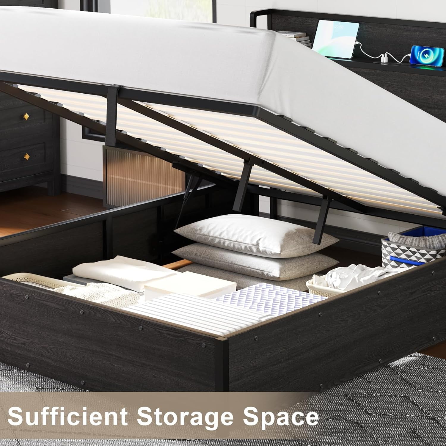 VanAcc Full Size Lift up Storage Bed Frame, Wooden Platform Bed Frame with Lifting Storage & Charging Station, No Spring Box Needed/Noise Free, Black