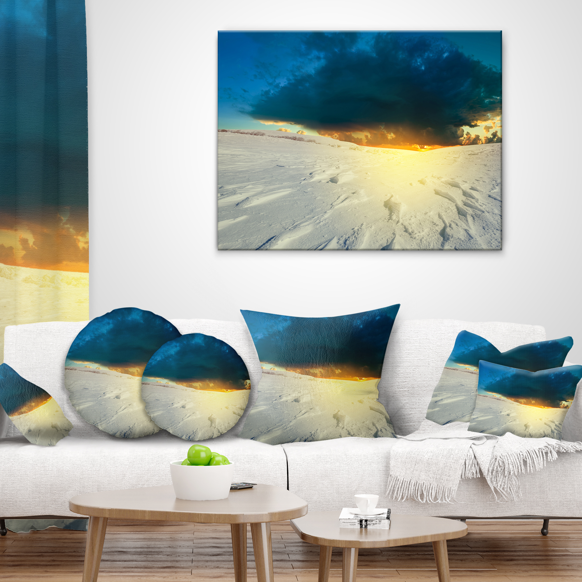 Designart Sunset over Snowbound Prairie - Seashore Throw Pillow - 12x20