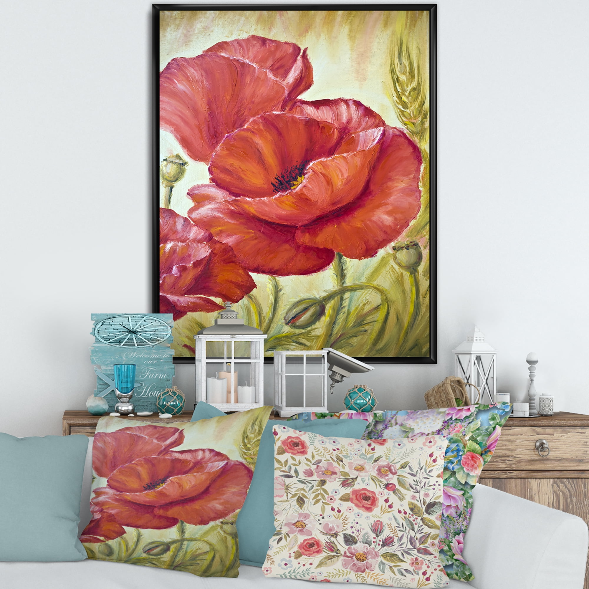 Designart 'Blossoming Red Poppies In Wheat Fields I' Traditional Framed Canvas Wall Art Print