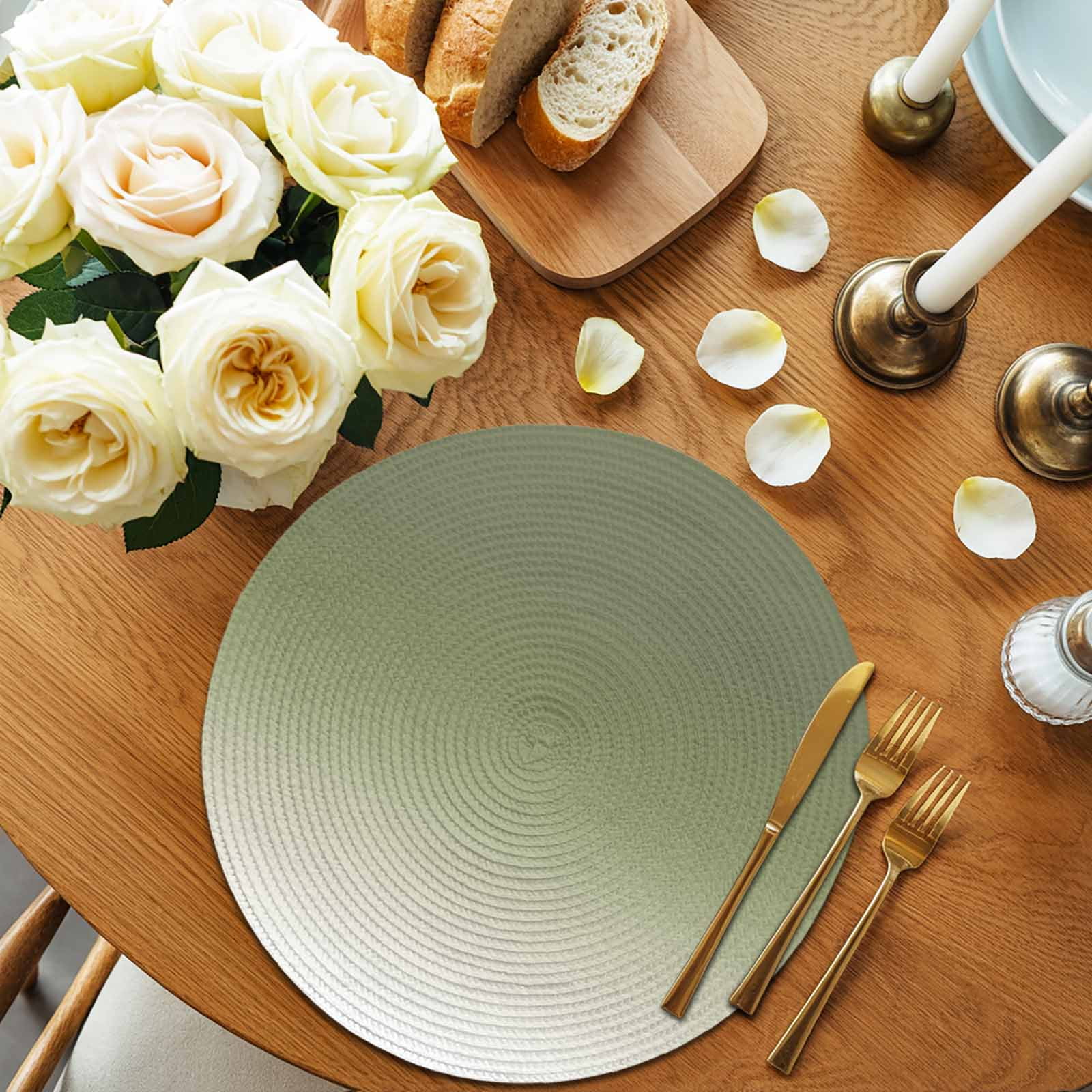 Sage Green Ombre Round Placemats Set of 6 for Dinning Tables,Heat-proof Braided Table Mats 13 Inch,Farmhouse Sage Green Ombre Washable Place Mat for Kitchen Restaurant Party Decor Table Setting