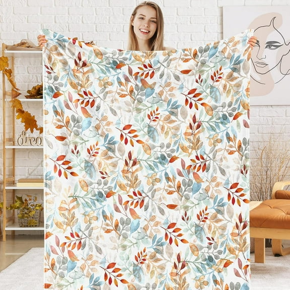 Fall Fuzzy Flannel Blanket 60 x 50 Inch Blue Orange Autumn Leaves Throw Blanket Watercolor Rustic Blanket for Thanksgiving Home Chair Sofa Couch Bed