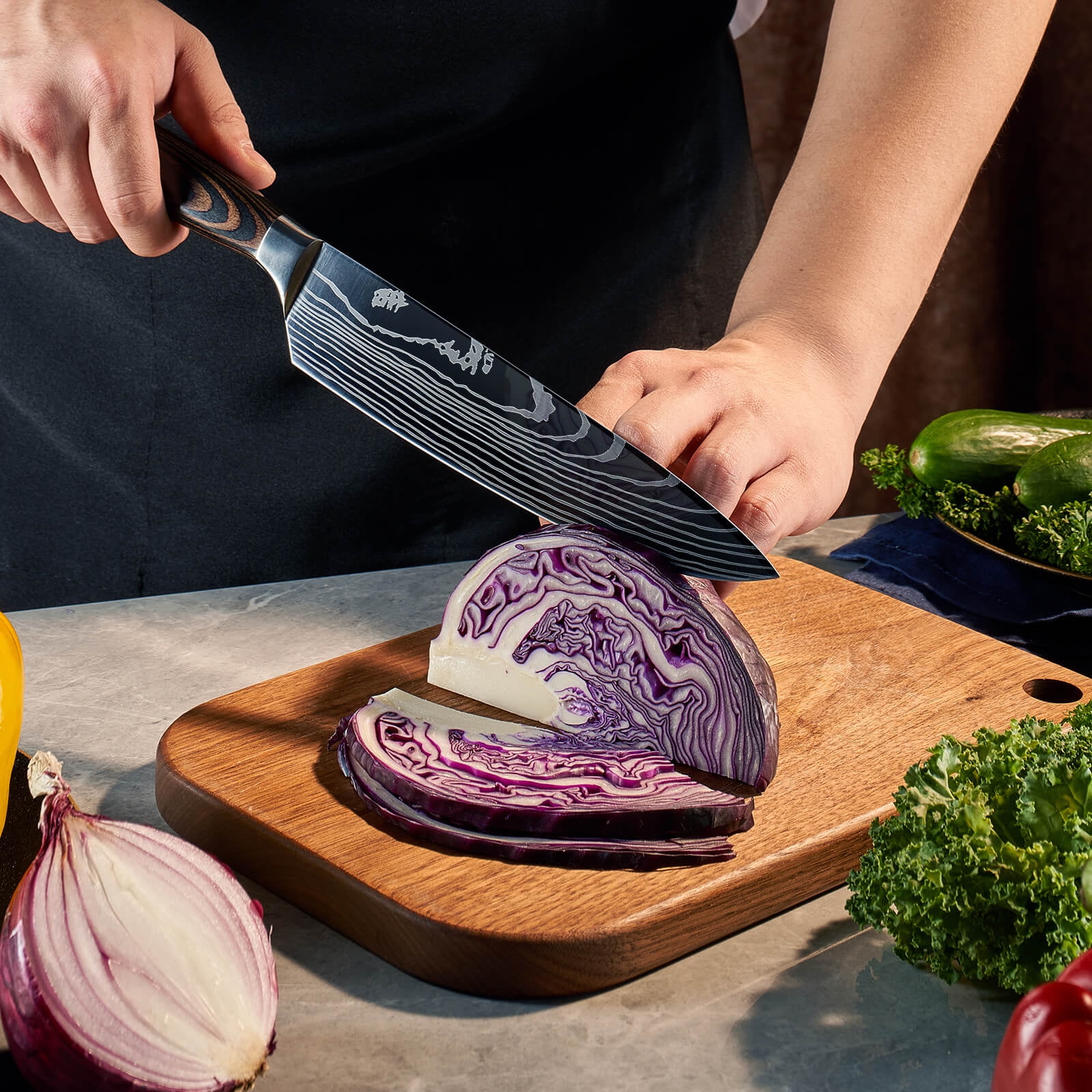 8-piece Premium Japanese Kitchen Knife Set with Laser Damascus Pattern - Imperial Collection - Chef's Knife, Paring Knife, Bread Knife & More