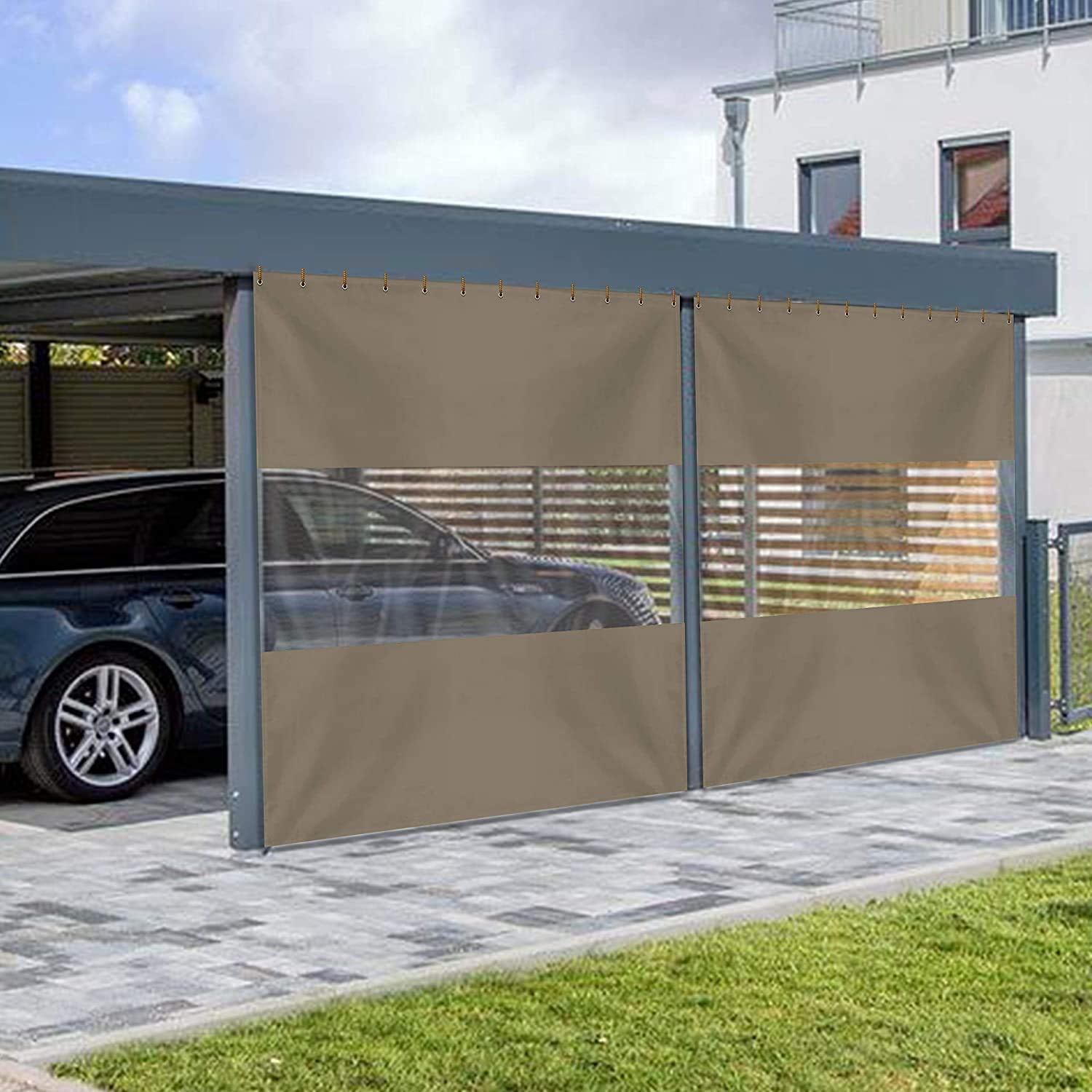 COVERS&ALL Outdoor Clear Panel Curtain, 12 Oz Tarp Max Waterproof & UV Resistant with Rustproof Grommets, Ideal for Outdoors/Indoors (9' H x 12' W feet, Beige)