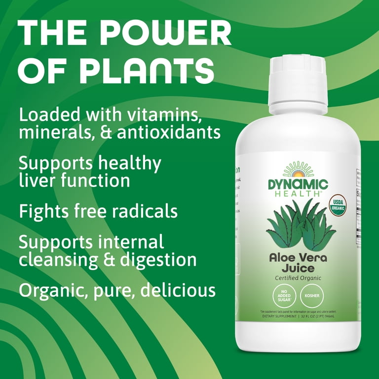 Dynamic Health Organic Aloe Vera Juice, Unflavored | No Added Sugar,  Artificial Colors or Sweeteners, No Gluten or BPA | 32oz, 8 Serv