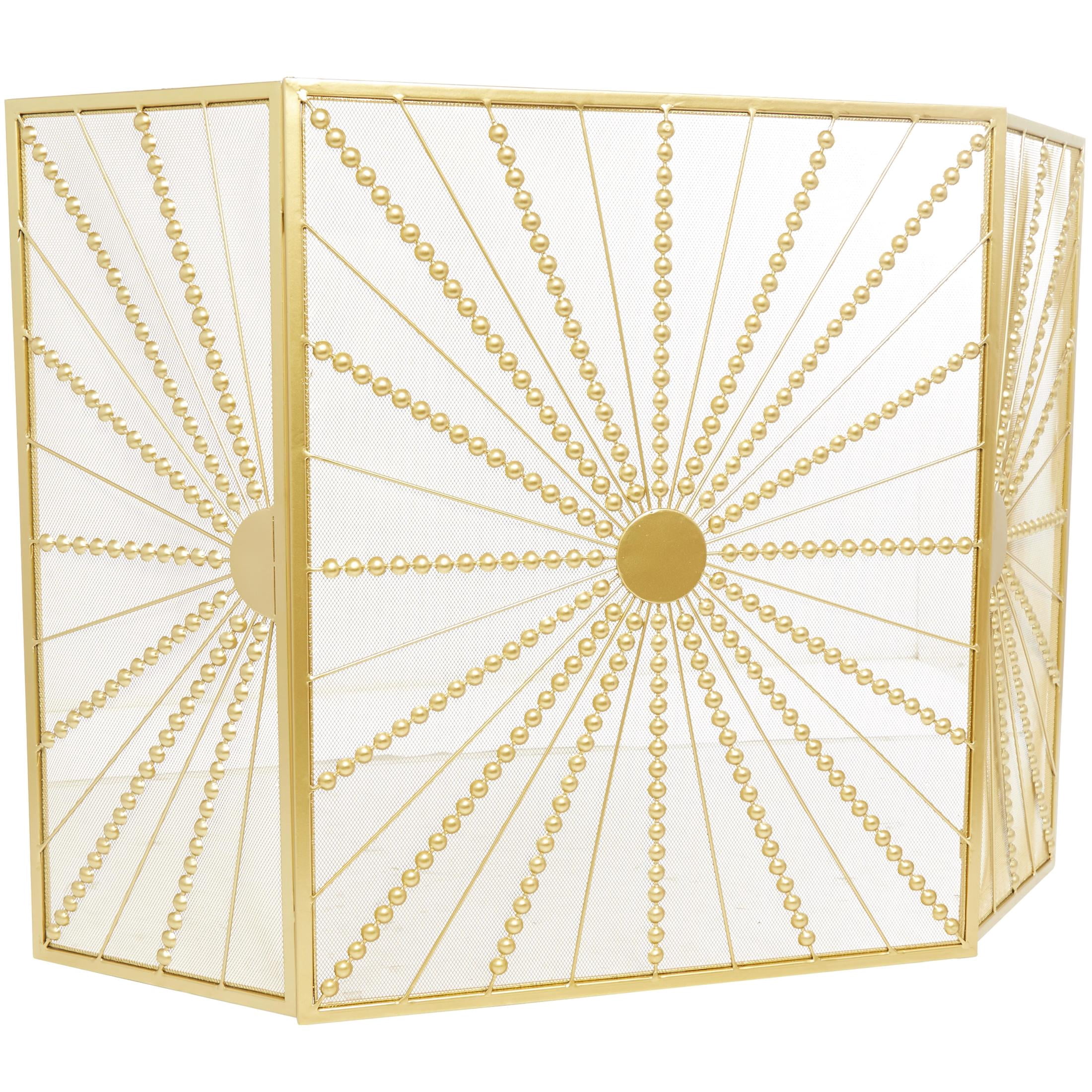 DecMode 48" x 30" Gold Metal 3 Panel Starburst Fireplace Screen with Beaded Rays, 1-Piece