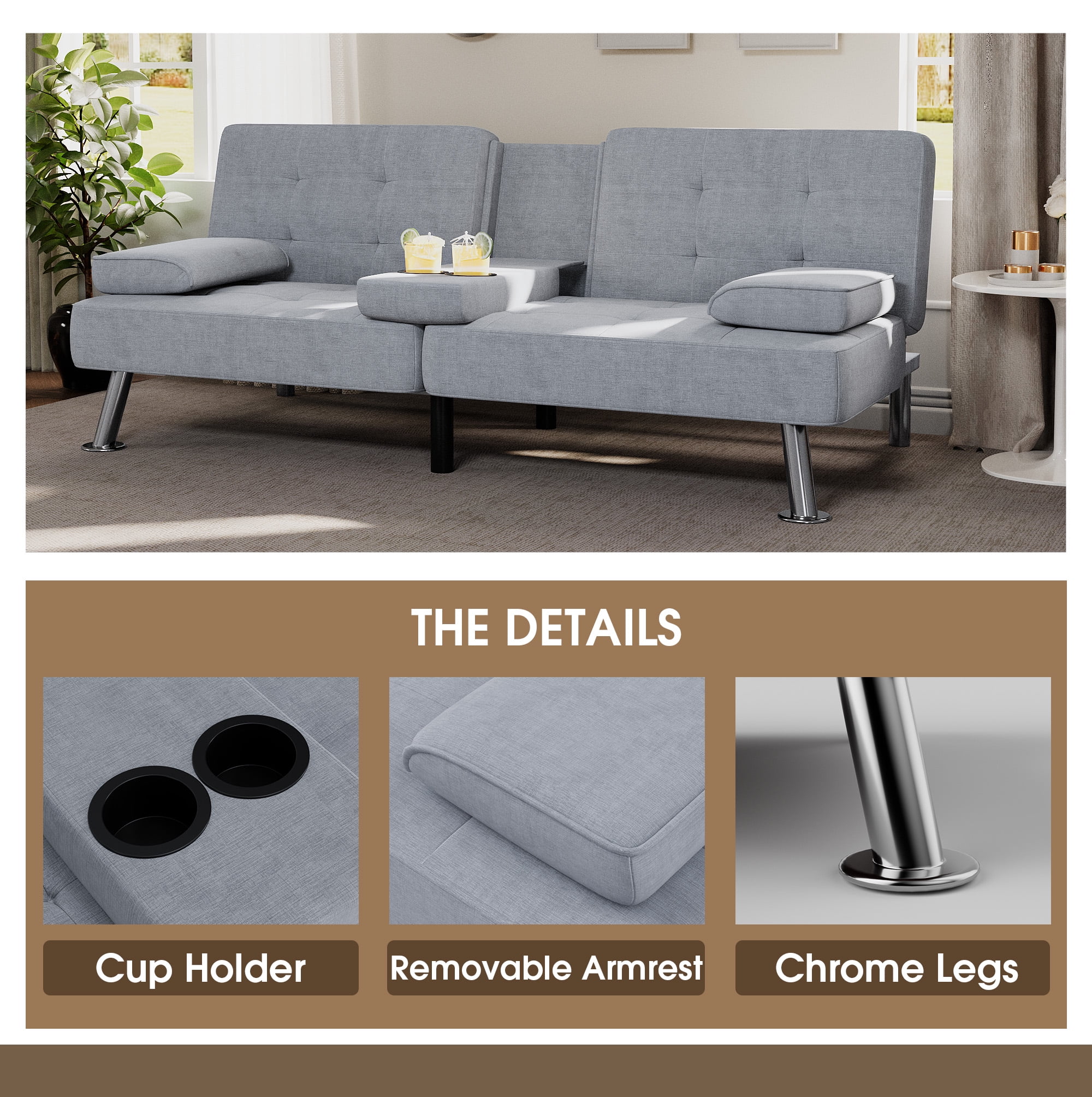 Homall Modern Linen 3 Adjustable Positions Convertible Sofa with Pillows, Gray
