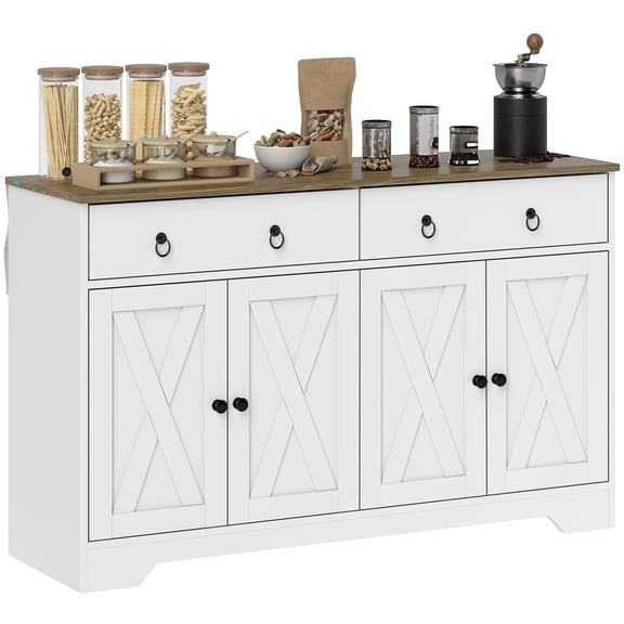 HOMCOM Sideboard, Buffet Cabinet with 2 Drawers, 2Storage Cabinets, 4 Barn-Style Doors and Adjustable Shelves, Farmhouse Buffet Table with Storage, Wood Grain Top, White