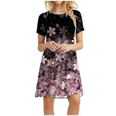 

Juebong Women s Casual Plain Loose Short Sleeve Loose Dress Floral Print Sunflower Print Dress