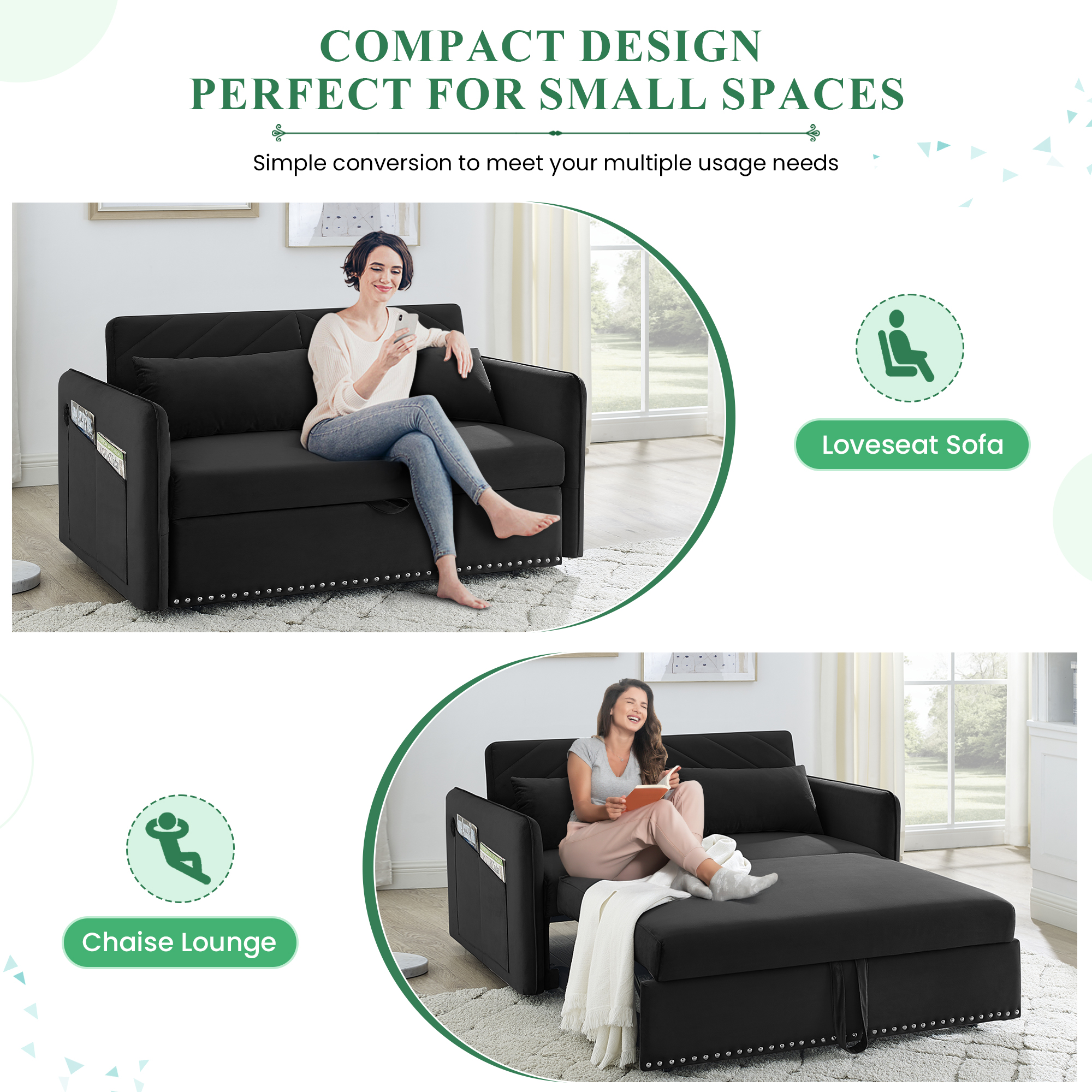 Dinosisco Convertible Sleeper Loveseat with USB, 55" Velvet Futon Sofa Bed, Black