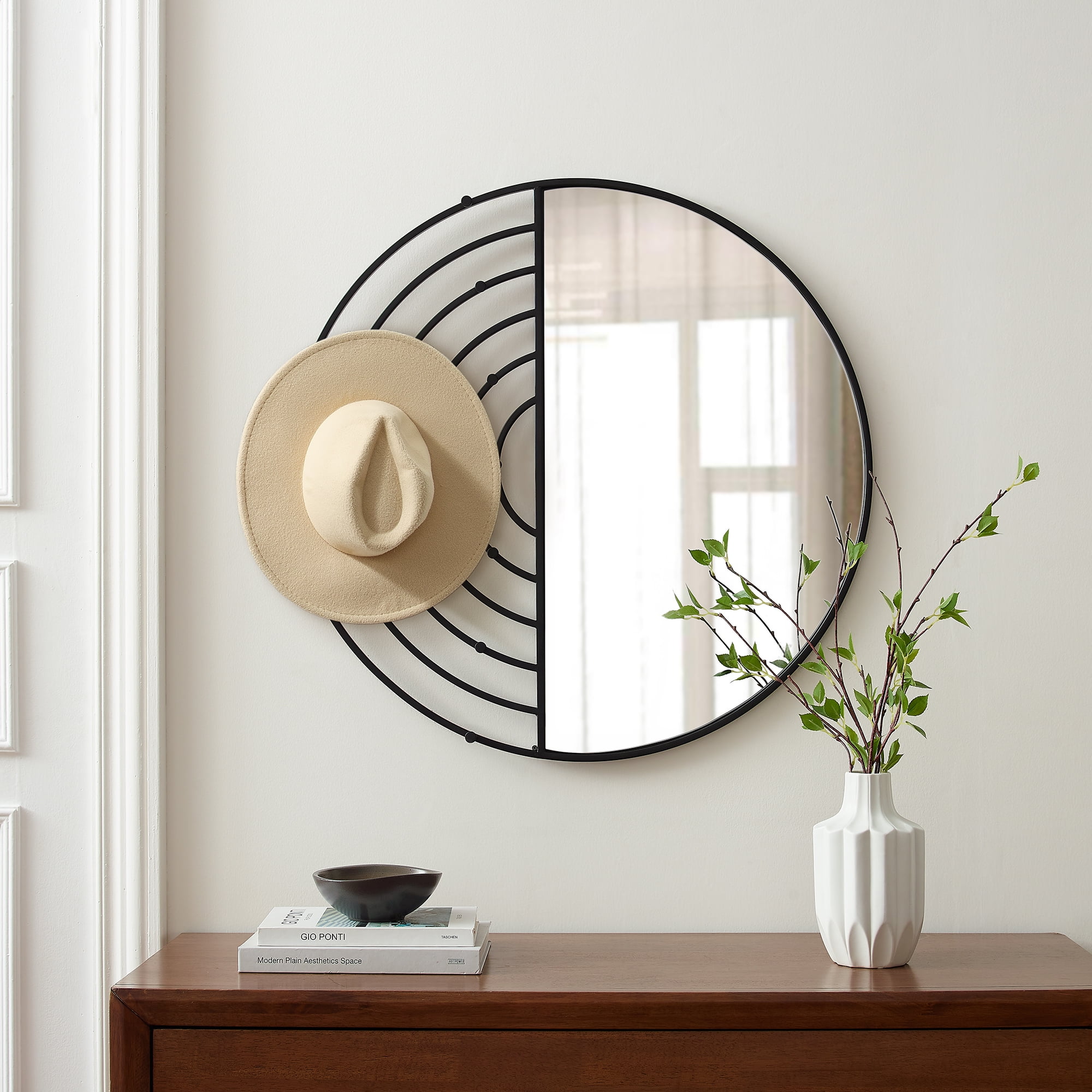 Dentil Pediment Black Wall Mirror with Hooks