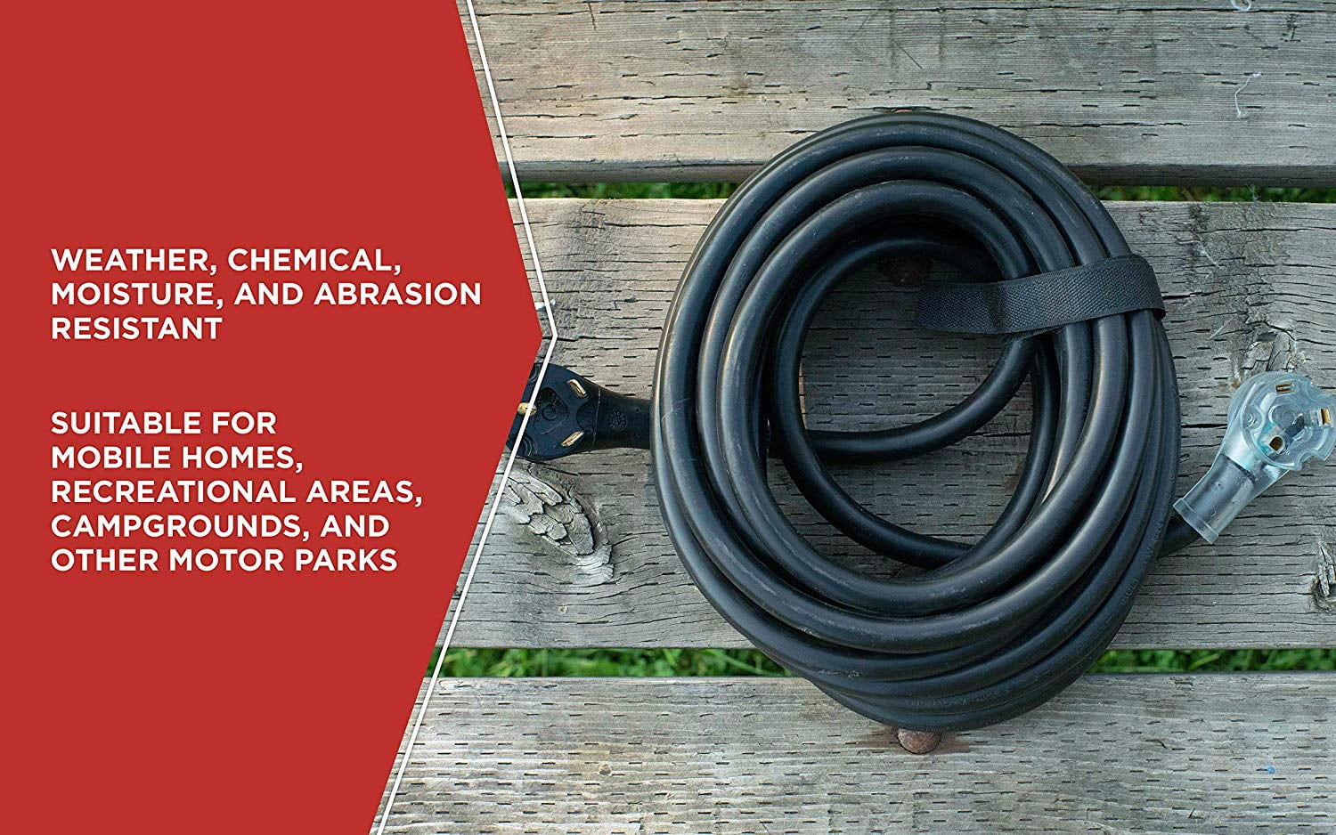 Coleman Cable 95707508 Black 10/3 STW Amp RV Extension, Heavy Duty, Waterproof Cord, Suitable for Mobile Homes and Recreational Areas, 30-Feet, UL & cUL Listed, TT-30 Lighted Plug