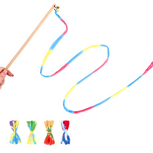 Interactive Cat Toys Rainbow Cat String Toy with Bell, Replaceable Wood