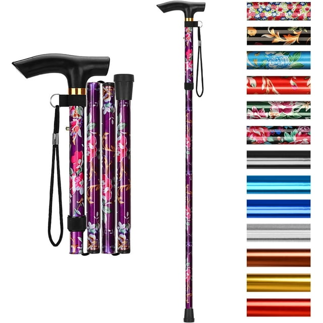 SupreGear Canne Pliante à Hauteur Réglable à 5 Niveaux avec Poignée en T et Courroie, Floral Violet