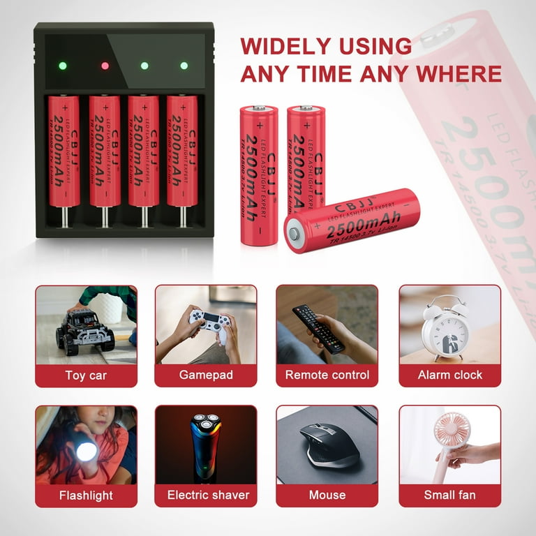 14500 Rechargeable Battery Li-ion Cell 3.7v 2500mAh for Flashlight Button Top Cell (Red) 14500 Rechargeable Battery Li-ion Cell 3.7v 2500mAh for Flashlight Button Top Cell (Red)