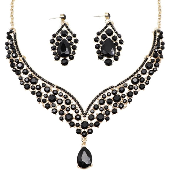 Beaded Necklace and Earring Set with Rhinestone Chains, Clear Stones, Fashion Jewelry Accessories for Women