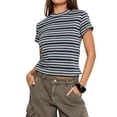 thumbnail image 5 of YVNAURA Women's Striped Short Sleeve T Shirt 2026 Summer Crewneck Ribbed Knit Slim Fit Tee Breathable Stretchy Lightweight Basic Tops for Women Casual Going Out Daily Wear Work, Black,S, 5 of 8