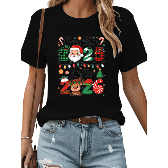 Women's Goodbye 2025 Hello 2026 Theme Santa Claus and elk Graphic Tee T Shirt Tops Short Sleeve Round Neck Black S-5XL