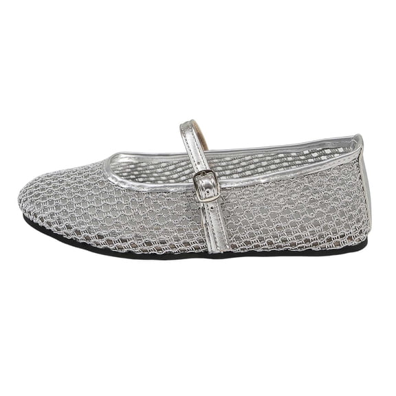 Women’s Summer Flat Shoes Slip On Round Toe Hollow Out Mesh Thin Strap Single Strap Retro Casual Silver 7