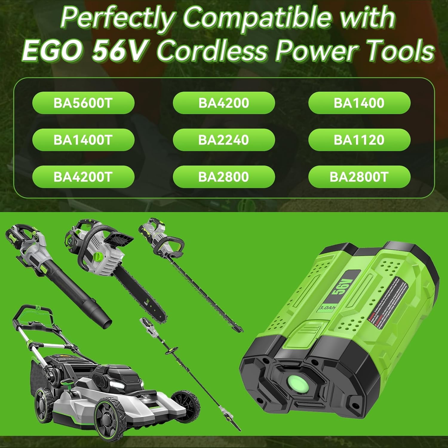 2PACK 3000mAh Replacement for EGO 56V Battery BA2800T BA4200 BA1400 Compatible with EGO Power+ Tools CS1604 CS1804 CS1403 HT2400 LB6504 LB5804 LB6500 LB4800 PH1400