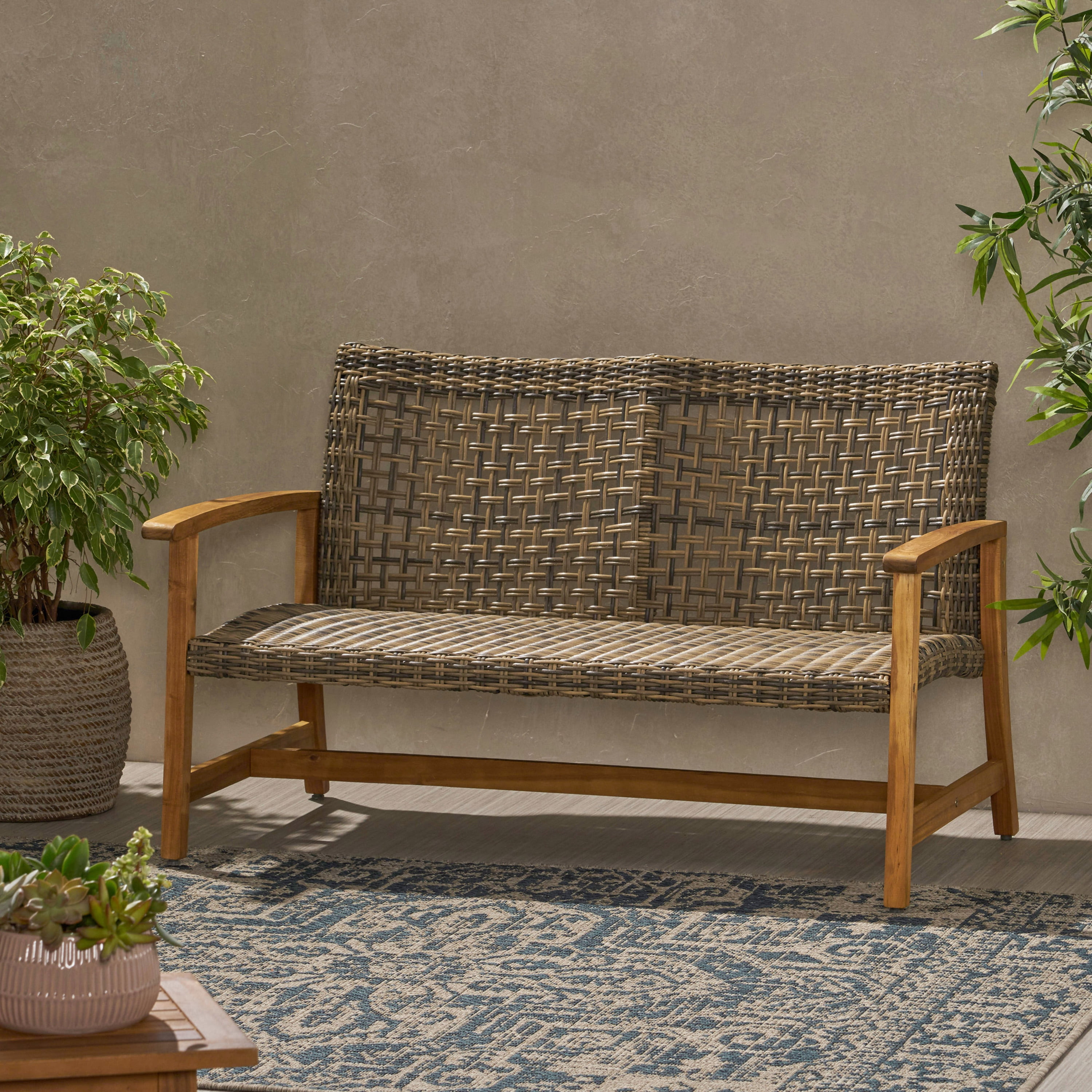 Outdoor Wood Woven Combined Double Seat Loveseat, Mixed Material Leisure Sofa for Patio Garden, Teak and Brown