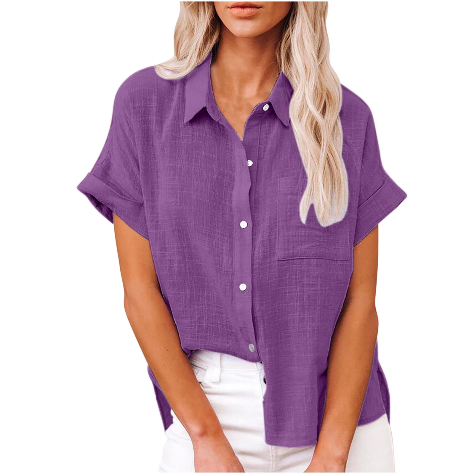 Womens Cotton Linen Button Down Shirts Plus Size Loose Fit Plain Summer ...