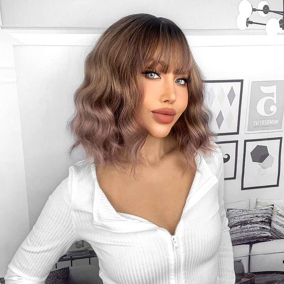 Guoxxzi Brown Wig with Bangs Women Girls Short Curly Wavy Bob Wig Shoulder Synthetic Party Wigs Wig Cap Included Wigs With Bangs (Brown, 14 Inches)