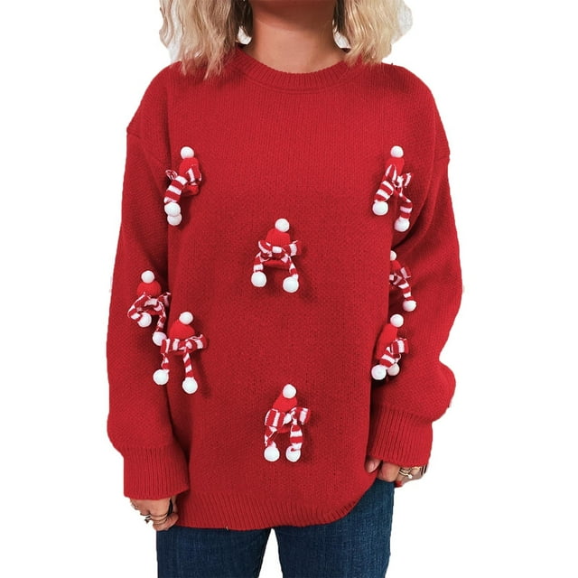 BLVB Chandail de Noël Laid pour Femmes Col Rond Mignon Chandail Tricoté Chandail pour Fête des Fêtes Cadeaux de Noël pour Femmes