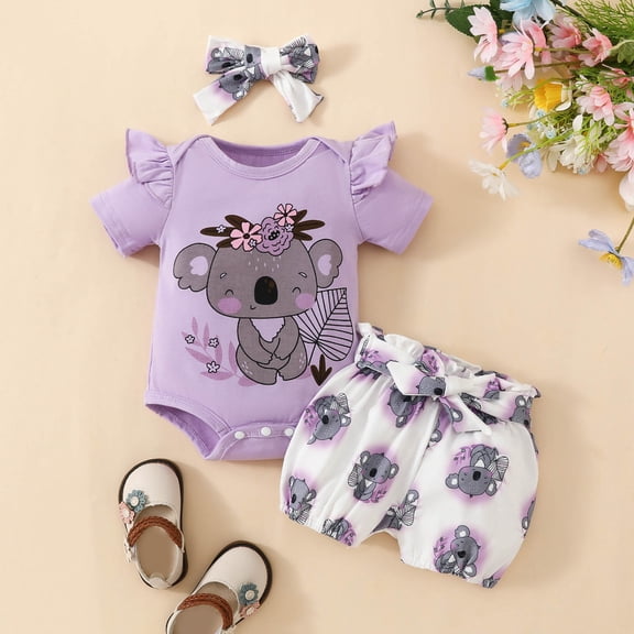 Toddler Outfits for Girls 3 Piece Crew Neck Cartoon Print Short Sleeve Ruffle Bodysuit And Shorts HeadbAnd Casual Baby Girls' Clothing Sets Purple 9 Months-12 Months