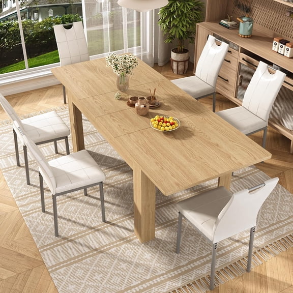 Aphthongs Extendable Dining Table Set for 6-8 People, 59" to 86" Rectangular Wood Dining Table with 6 PU Leather Upholstered Dining Chairs, Farmhouse Expandable Kitchen Table Set