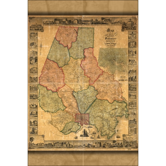 24"x36" Gallery Poster, Map city & county of Baltimore, Maryland 1857 p2